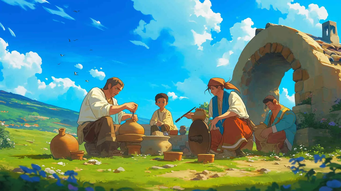 On a blue sky and white clouds afternoon, a boy wearing gray clothes with tied hair and four men wearing gray clothes with black hair were firing simple pottery in the field. - style1部分