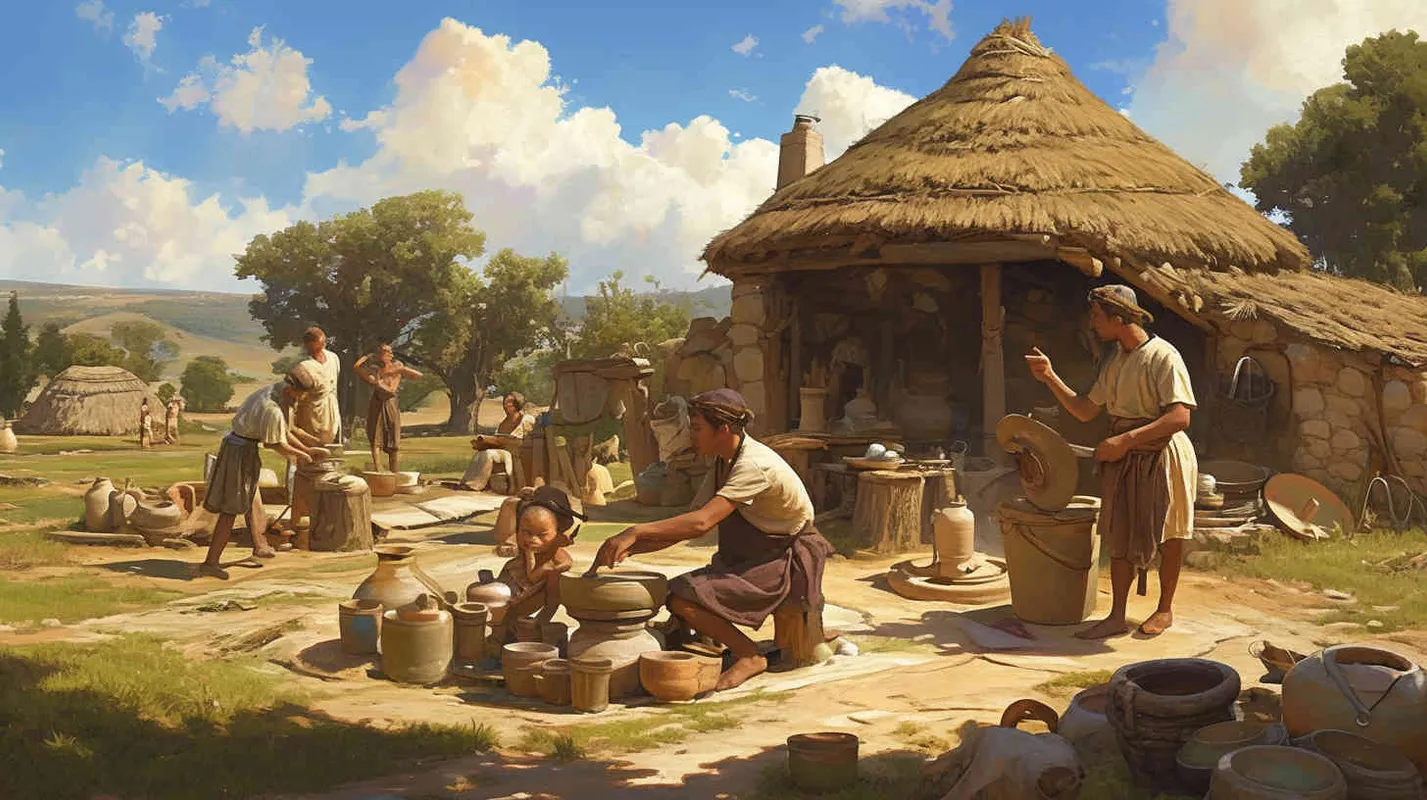 On a blue sky and white clouds afternoon, a boy wearing gray clothes with tied hair and four men wearing gray clothes with black hair were firing simple pottery in the field. - style2部分