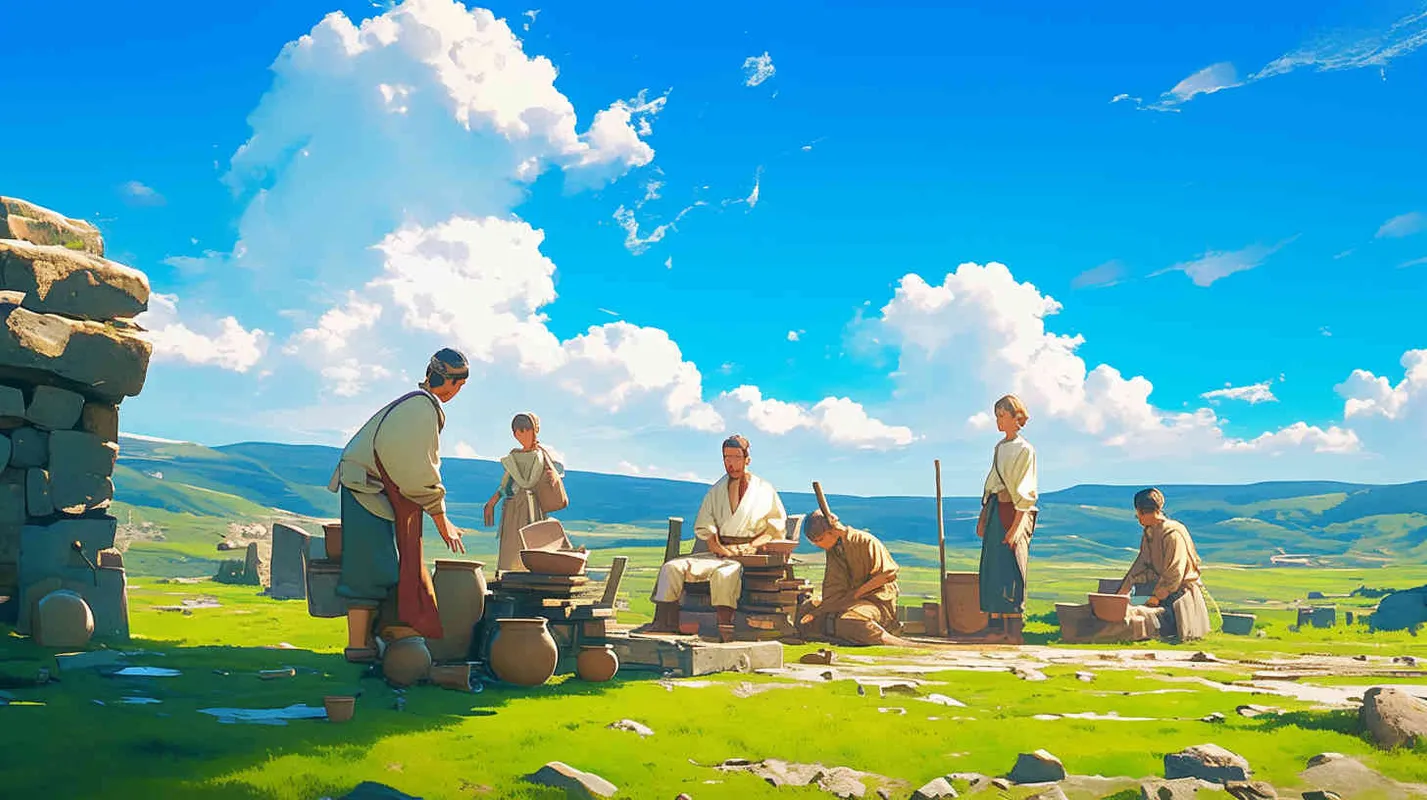 On a blue sky and white clouds afternoon, a boy wearing gray clothes with tied hair and four men wearing gray clothes with black hair were firing simple pottery in the field. - style3部分