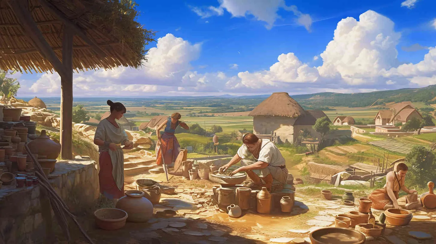 On a blue sky and white clouds afternoon, a boy wearing gray clothes with tied hair and four men wearing gray clothes with black hair were firing simple pottery in the field. - style4部分