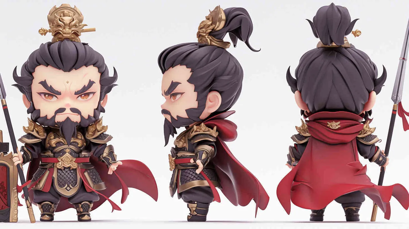 Blind box toy, chibi, full body photo of cute Three Kingdoms character Cao Cao, standing posture, three views, front view, side view, back view, Three Kingdoms character Cao Cao's gaze is bright and lively, wearing armor and a red cloak, holding a long sword, big eyes, gray hair and beard, heavy artistic style, white background, solid color background, no contour shadow effect, high-resolution, 3D rendering, clay material, delicate luster, best quality - style1部分