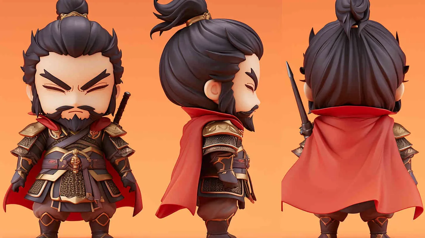 Blind box toy, chibi, full body photo of cute Three Kingdoms character Cao Cao, standing posture, three views, front view, side view, back view, Three Kingdoms character Cao Cao's gaze is bright and lively, wearing armor and a red cloak, holding a long sword, big eyes, gray hair and beard, heavy artistic style, white background, solid color background, no contour shadow effect, high-resolution, 3D rendering, clay material, delicate luster, best quality - style2部分
