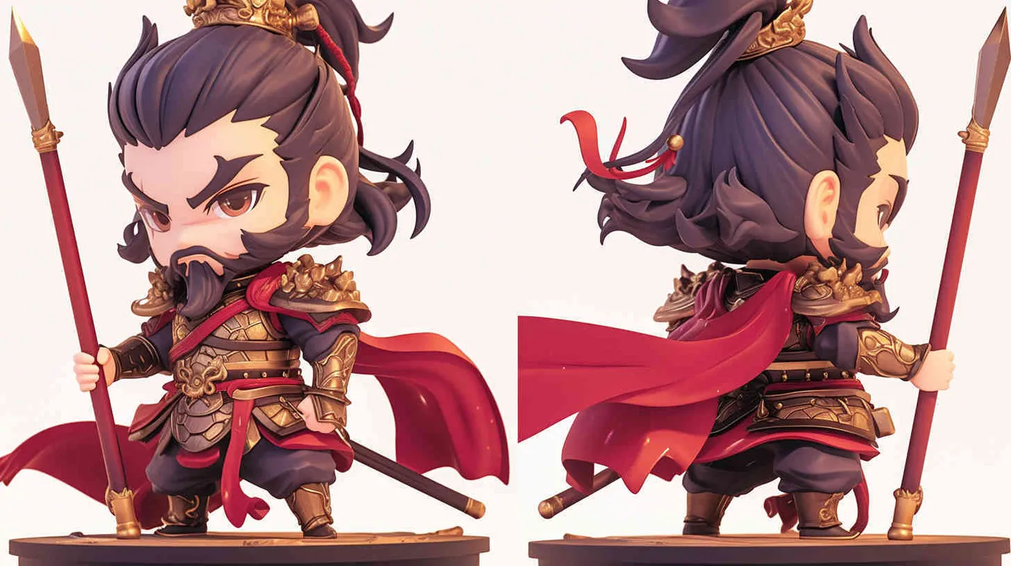 Blind box toy, chibi, full body photo of cute Three Kingdoms character Cao Cao, standing posture, three views, front view, side view, back view, Three Kingdoms character Cao Cao's gaze is bright and lively, wearing armor and a red cloak, holding a long sword, big eyes, gray hair and beard, heavy artistic style, white background, solid color background, no contour shadow effect, high-resolution, 3D rendering, clay material, delicate luster, best quality - style3部分