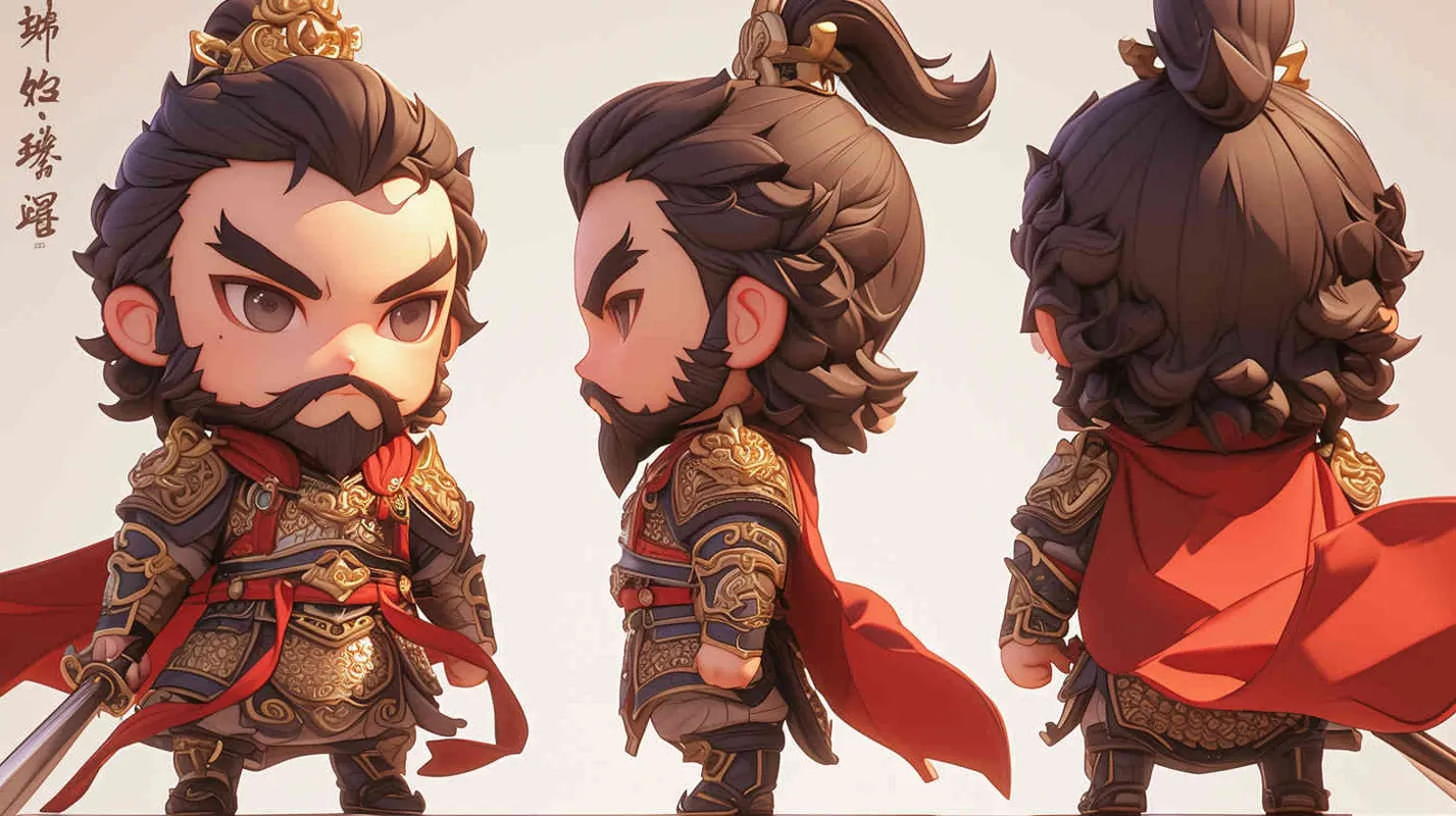 Blind box toy, chibi, full body photo of cute Three Kingdoms character Cao Cao, standing posture, three views, front view, side view, back view, Three Kingdoms character Cao Cao's gaze is bright and lively, wearing armor and a red cloak, holding a long sword, big eyes, gray hair and beard, heavy artistic style, white background, solid color background, no contour shadow effect, high-resolution, 3D rendering, clay material, delicate luster, best quality - style4部分