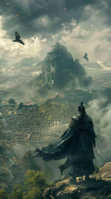 想象一幅古战场的壮阔景象，阴云密布的天空下，诸葛亮站在风雨交加的高地上，身后是他精心布置的八阵图。 这个阵法复杂精妙，布局如同迷宫，充满了机关与诡计，显露出诸葛亮非凡的军事才智和策略深度。

在这幅画面中，士兵们在阵图中移动，彼此协作，完美地执行诸葛亮的战术指令。 阵图的设计巧妙地利用了自然地形，加强了防御与进攻的能力。 远处敌军的混乱与不安形成鲜明对比，显示出八阵图的高效和恐怖。

整个场景不仅展示了战争的紧张与严峻，还体现了诸葛亮的名声和战术创新的伟大影响力，使他的名字和八阵图的传奇声望流传千古。 - style1部分