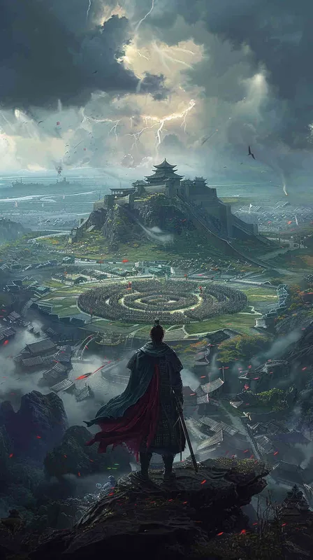 想象一幅古战场的壮阔景象，阴云密布的天空下，诸葛亮站在风雨交加的高地上，身后是他精心布置的八阵图。 这个阵法复杂精妙，布局如同迷宫，充满了机关与诡计，显露出诸葛亮非凡的军事才智和策略深度。

在这幅画面中，士兵们在阵图中移动，彼此协作，完美地执行诸葛亮的战术指令。 阵图的设计巧妙地利用了自然地形，加强了防御与进攻的能力。 远处敌军的混乱与不安形成鲜明对比，显示出八阵图的高效和恐怖。

整个场景不仅展示了战争的紧张与严峻，还体现了诸葛亮的名声和战术创新的伟大影响力，使他的名字和八阵图的传奇声望流传千古。 - style4部分