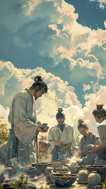 On a blue sky and white clouds afternoon, an Eastern boy wearing a blue robe with tied hair and four men wearing gray robes with black hair were firing simple pottery in the field. Hand held pottery - style1部分