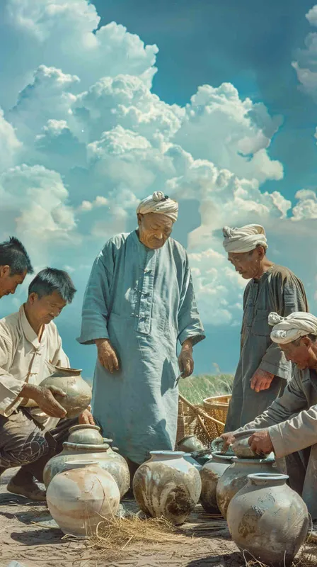 On a blue sky and white clouds afternoon, an Eastern boy wearing a blue robe with tied hair and four men wearing gray robes with black hair were firing simple pottery in the field. Hand held pottery - style2部分