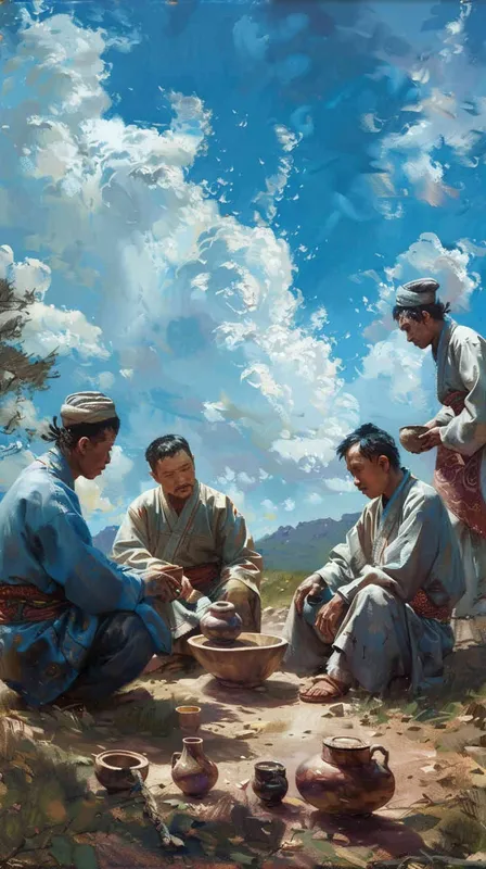 On a blue sky and white clouds afternoon, an Eastern boy wearing a blue robe with tied hair and four men wearing gray robes with black hair were firing simple pottery in the field. Hand held pottery - style3部分