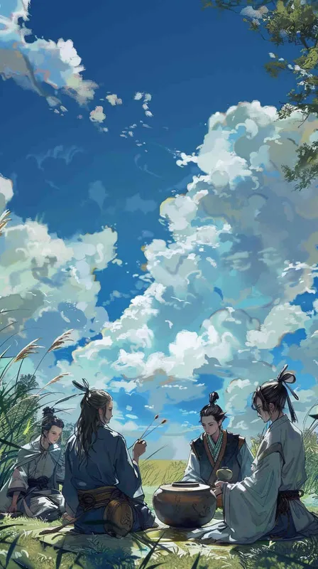 On a blue sky and white clouds afternoon, an Eastern boy wearing a blue robe with tied hair and four men wearing gray robes with black hair were firing simple pottery in the field. Hand held pottery - style4部分