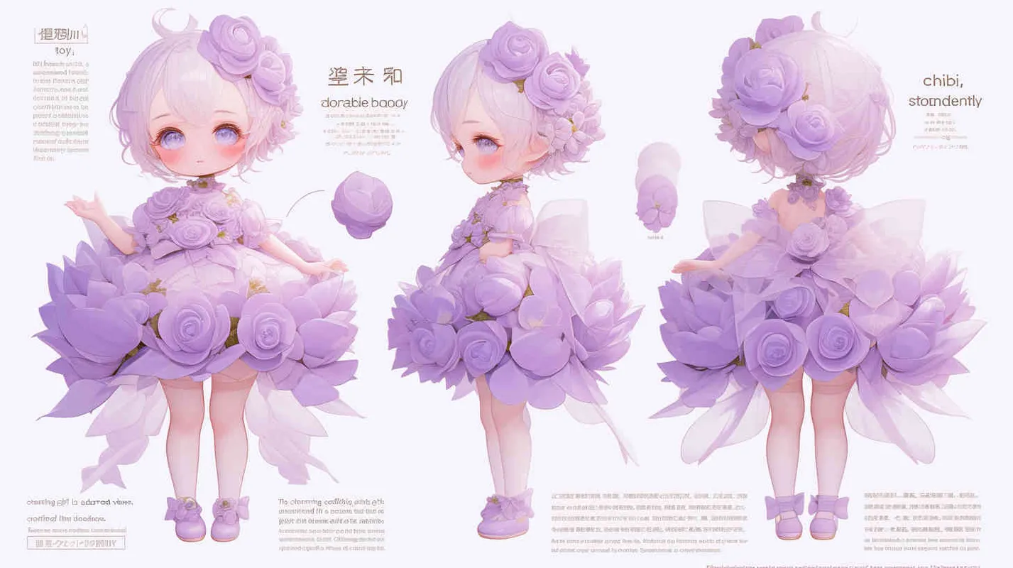 <https://s.mj.run/1wDjUhKsTm8> ” Blind box toy, chibi, cute baby full body photo, standing, three views, front view, side view, back view, girl wearing a rose skirt made of lilac petals and leaves, big eyes and lilac pollen hair, thick artistic style, white background, solid color background, no contour shadow effect, high-resolution, 3D rendering, clay material, delicate gloss, best quality. –ar 16:9 –niji 6 –iw 0.86 –s 128 (relax) – style1部分” class=”wp-image”/>
</figure>


<figure class=