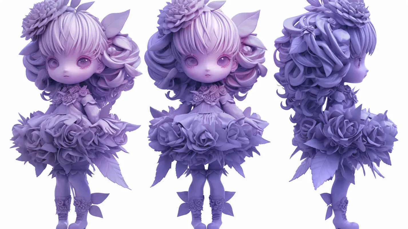 Blind box toy, chibi, cute baby full body photo, standing, three views, front view, side view, back view, girl wearing a rose skirt made of lilac petals and leaves, big eyes and lilac pollen hair, thick artistic style, white background, solid color background, no contour shadow effect, high-resolution, 3D rendering,ultra - detail, 3D, C4D, Blender, OC renderer, ultra HD, 3D rendering 
 - style1部分