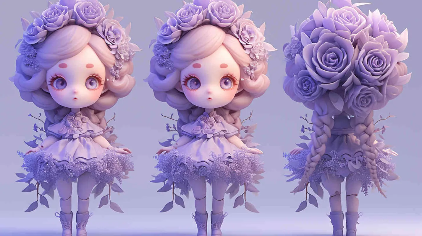 Blind box toy, chibi, cute baby full body photo, standing, three views, front view, side view, back view, girl wearing a rose skirt made of lilac petals and leaves, big eyes and lilac pollen hair, thick artistic style, white background, solid color background, no contour shadow effect, high-resolution, 3D rendering,ultra - detail, 3D, C4D, Blender, OC renderer, ultra HD, 3D rendering 
 - style2部分