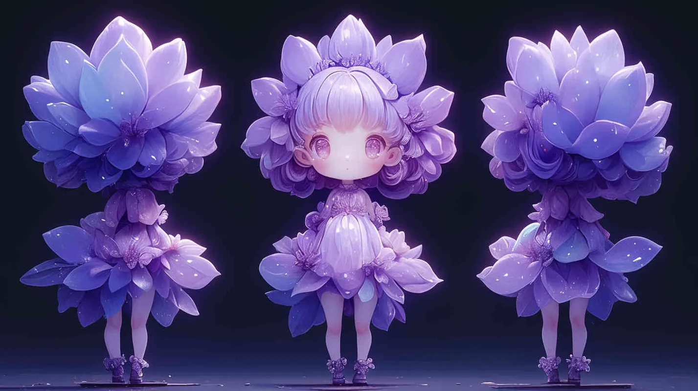 Blind box toy, chibi, cute baby full body photo, standing, three views, front view, side view, back view, girl wearing a rose skirt made of lilac petals and leaves, big eyes and lilac pollen hair, thick artistic style, white background, solid color background, no contour shadow effect, high-resolution, 3D rendering,ultra - detail, 3D, C4D, Blender, OC renderer, ultra HD, 3D rendering 
 - style3部分