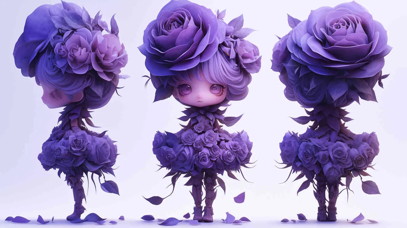 Blind box toy, chibi, cute baby full body photo, standing, three views, front view, side view, back view, girl wearing a rose skirt made of lilac petals and leaves, big eyes and lilac pollen hair, thick artistic style, white background, solid color background, no contour shadow effect, high-resolution, 3D rendering,ultra - detail, 3D, C4D, Blender, OC renderer, ultra HD, 3D rendering 
 - style4部分