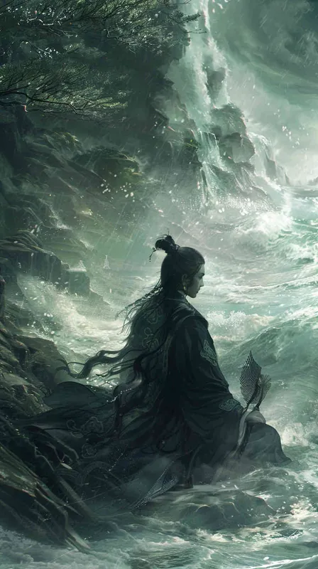 想象一幅波澜壮阔的江景画面，江水浩瀚，波涛滚滚，但在这巨大的自然力量面前，江中的石头却异常静止，仿佛在诸葛亮的威名之下，连自然界都须臣服。诸葛亮的身影端坐在岸边，手持羽扇，神色平静。他的眼神深邃，似乎能洞察一切，展现出他不凡的威严和智慧。

周围的环境显得异常肃静，江面上没有一丝波纹，这夸张的描绘手法强调了诸葛亮在历史上的重要地位和影响力。整个场景充满了一种超然的气氛，使人感受到历史的重量和诸葛亮的伟大。 - style1部分