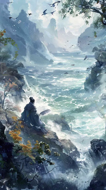 想象一幅波澜壮阔的江景画面，江水浩瀚，波涛滚滚，但在这巨大的自然力量面前，江中的石头却异常静止，仿佛在诸葛亮的威名之下，连自然界都须臣服。诸葛亮的身影端坐在岸边，手持羽扇，神色平静。他的眼神深邃，似乎能洞察一切，展现出他不凡的威严和智慧。

周围的环境显得异常肃静，江面上没有一丝波纹，这夸张的描绘手法强调了诸葛亮在历史上的重要地位和影响力。整个场景充满了一种超然的气氛，使人感受到历史的重量和诸葛亮的伟大。 - style2部分