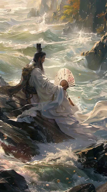 想象一幅波澜壮阔的江景画面，江水浩瀚，波涛滚滚，但在这巨大的自然力量面前，江中的石头却异常静止，仿佛在诸葛亮的威名之下，连自然界都须臣服。诸葛亮的身影端坐在岸边，手持羽扇，神色平静。他的眼神深邃，似乎能洞察一切，展现出他不凡的威严和智慧。

周围的环境显得异常肃静，江面上没有一丝波纹，这夸张的描绘手法强调了诸葛亮在历史上的重要地位和影响力。整个场景充满了一种超然的气氛，使人感受到历史的重量和诸葛亮的伟大。 - style3部分