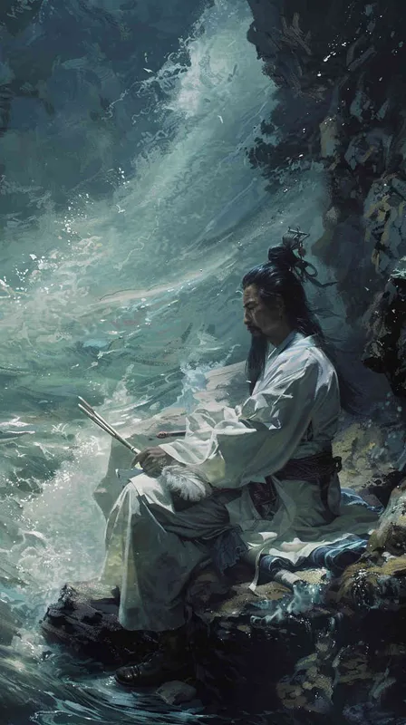 想象一幅波澜壮阔的江景画面，江水浩瀚，波涛滚滚，但在这巨大的自然力量面前，江中的石头却异常静止，仿佛在诸葛亮的威名之下，连自然界都须臣服。诸葛亮的身影端坐在岸边，手持羽扇，神色平静。他的眼神深邃，似乎能洞察一切，展现出他不凡的威严和智慧。

周围的环境显得异常肃静，江面上没有一丝波纹，这夸张的描绘手法强调了诸葛亮在历史上的重要地位和影响力。整个场景充满了一种超然的气氛，使人感受到历史的重量和诸葛亮的伟大。 - style4部分