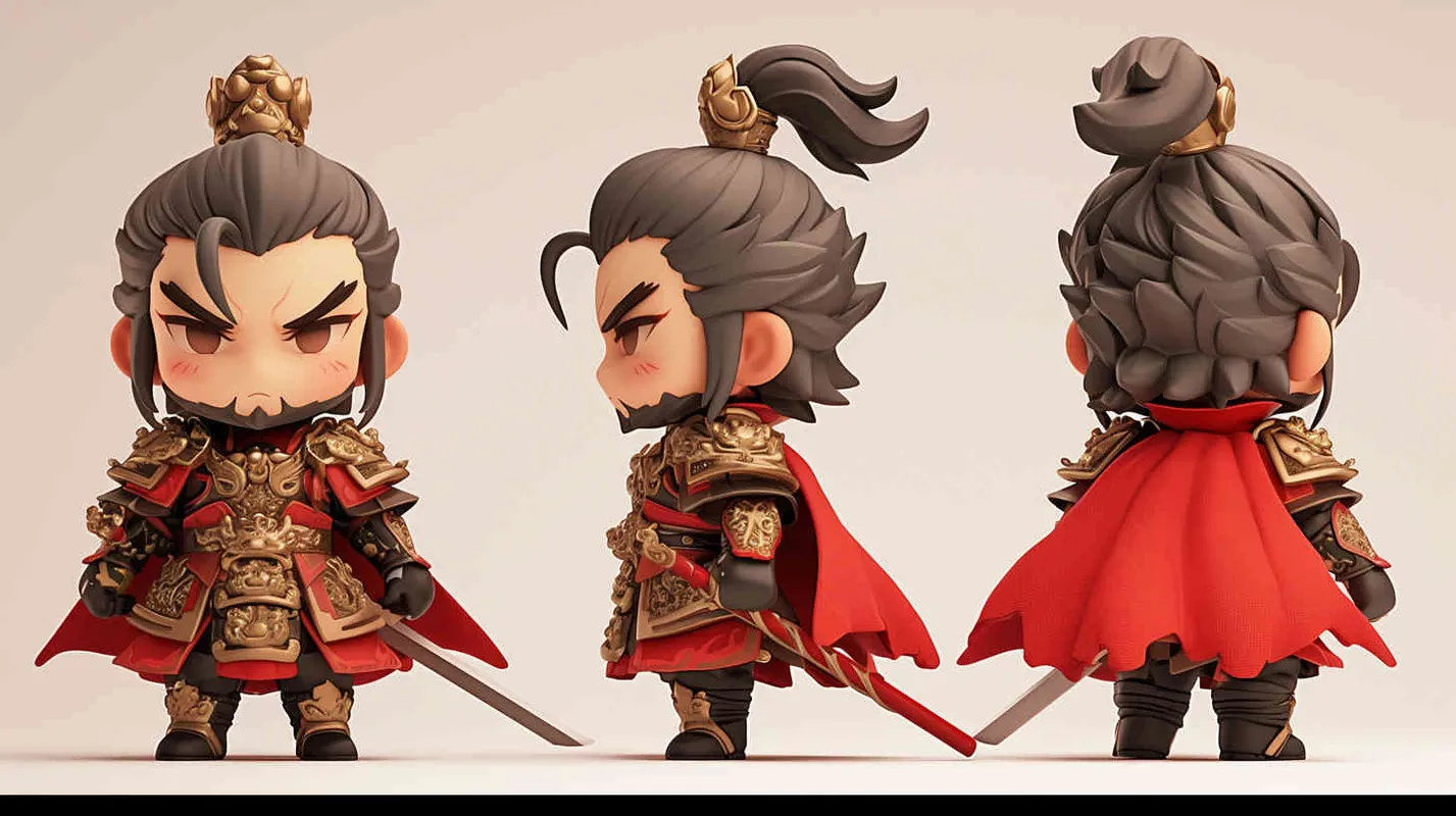 Blind box toy, chibi, full body photo of cute Three Kingdoms character Cao Cao, standing posture, three views, front view, side view, back view, Three Kingdoms character Cao Cao's gaze is bright and lively, wearing armor and a red cloak, holding a long sword, big eyes, gray hair and beard, heavy artistic style, white background, solid color background, no contour shadow effect, high-resolution, ultra - detail, 3D, C4D, Blender, OC renderer, ultra HD, 3D renderingultra - detail, 3D, C4D, Blender, OC renderer - style1部分