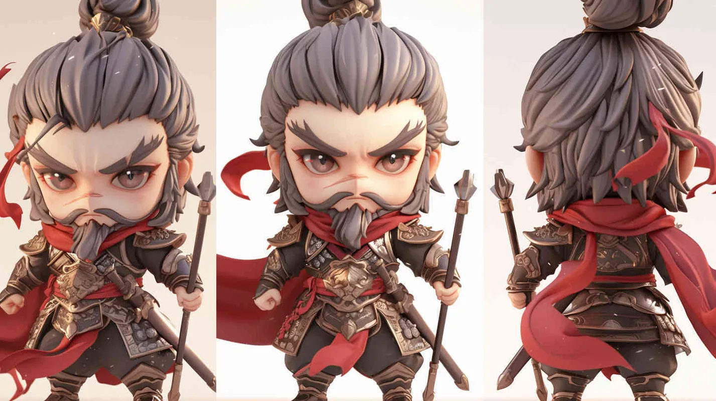 Blind box toy, chibi, full body photo of cute Three Kingdoms character Cao Cao, standing posture, three views, front view, side view, back view, Three Kingdoms character Cao Cao's gaze is bright and lively, wearing armor and a red cloak, holding a long sword, big eyes, gray hair and beard, heavy artistic style, white background, solid color background, no contour shadow effect, high-resolution, ultra - detail, 3D, C4D, Blender, OC renderer, ultra HD, 3D renderingultra - detail, 3D, C4D, Blender, OC renderer - style2部分