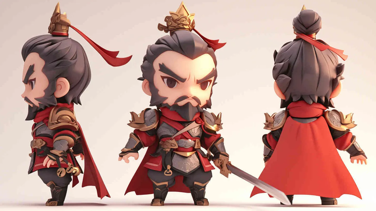 Blind box toy, chibi, full body photo of cute Three Kingdoms character Cao Cao, standing posture, three views, front view, side view, back view, Three Kingdoms character Cao Cao's gaze is bright and lively, wearing armor and a red cloak, holding a long sword, big eyes, gray hair and beard, heavy artistic style, white background, solid color background, no contour shadow effect, high-resolution, ultra - detail, 3D, C4D, Blender, OC renderer, ultra HD, 3D renderingultra - detail, 3D, C4D, Blender, OC renderer - style3部分