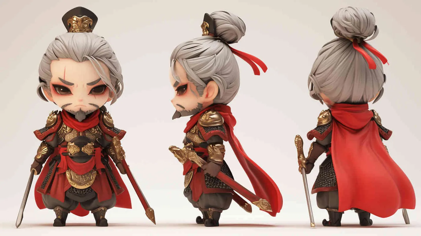 Blind box toy, chibi, full body photo of cute Three Kingdoms character Cao Cao, standing posture, three views, front view, side view, back view, Three Kingdoms character Cao Cao's gaze is bright and lively, wearing armor and a red cloak, holding a long sword, big eyes, gray hair and beard, heavy artistic style, white background, solid color background, no contour shadow effect, high-resolution, ultra - detail, 3D, C4D, Blender, OC renderer, ultra HD, 3D renderingultra - detail, 3D, C4D, Blender, OC renderer - style4部分