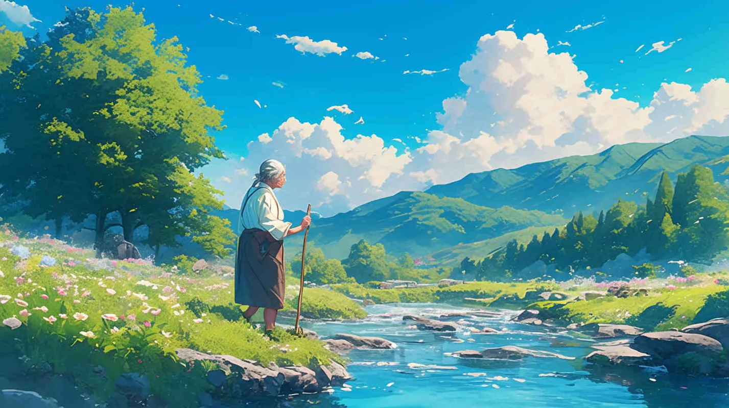 On a blue sky and white clouds, by the side of a small stream overgrown with flowers and plants, an old lady with gray hair was rubbing against a stone with an iron rod in her hand by the flowing stream - style2部分