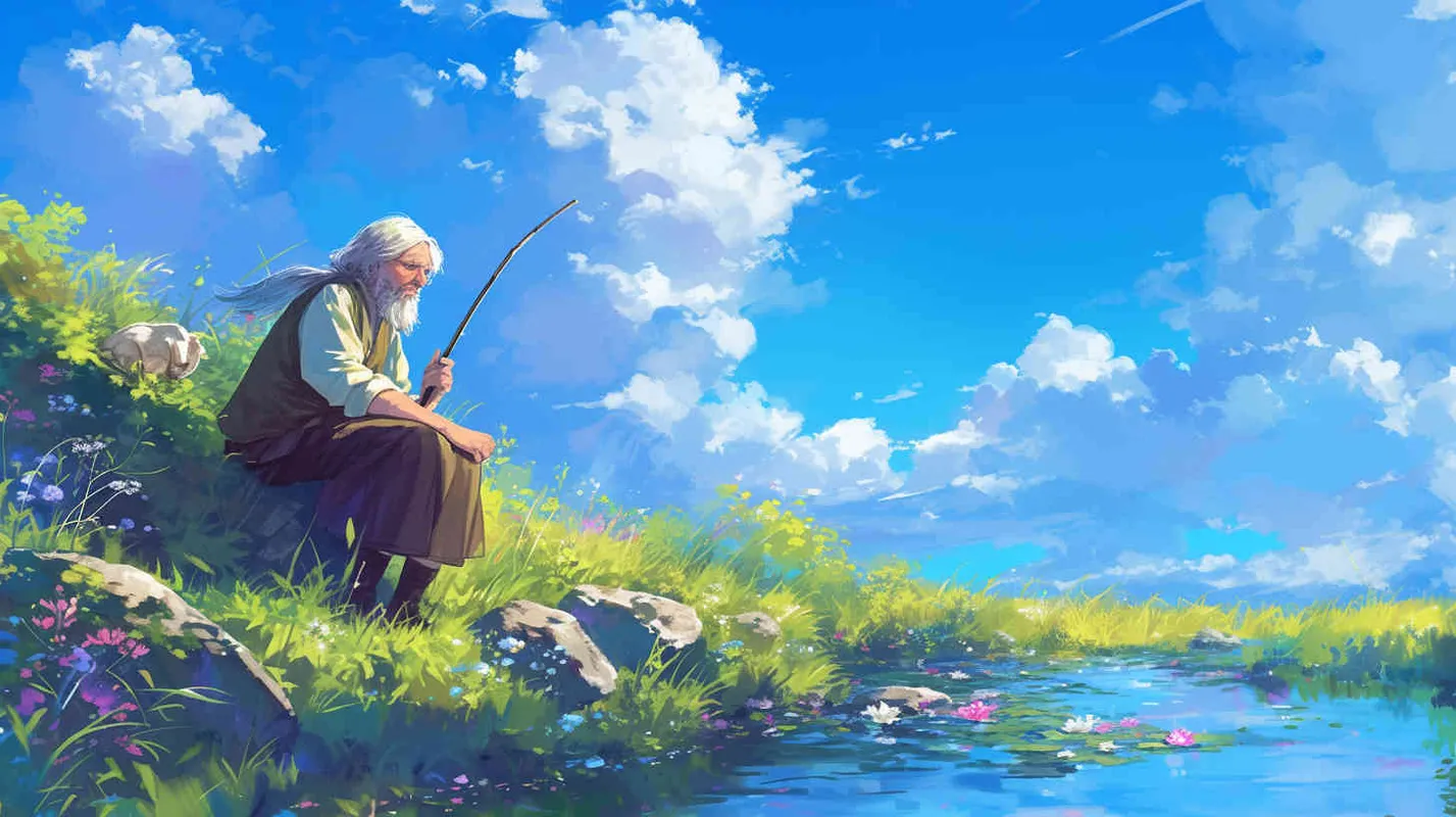 On a blue sky and white clouds, by the side of a small stream overgrown with flowers and plants, an old lady with gray hair was rubbing against a stone with an iron rod in her hand by the flowing stream - style3部分