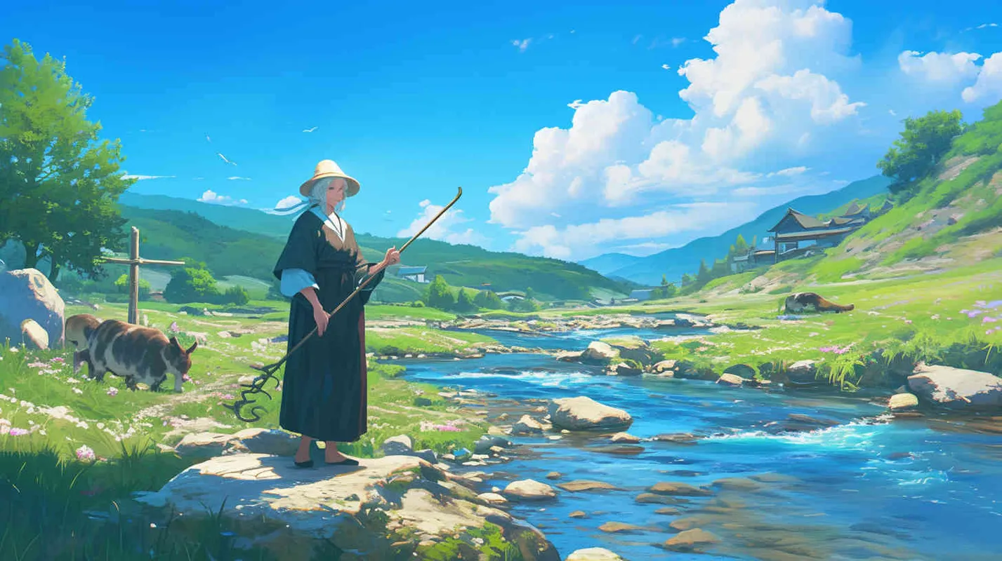 On a blue sky and white clouds, by the side of a small stream overgrown with flowers and plants, an old lady with gray hair was rubbing against a stone with an iron rod in her hand by the flowing stream - style4部分