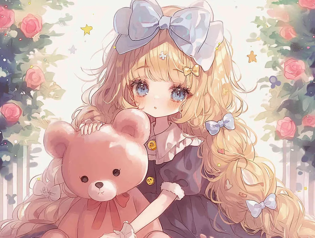 <https://s.mj.run/HuBcsgOdE9o> <https://s.mj.run/CSQwTDW_NPc> <https://s.mj.run/cnGA7I608bk> An adorable anime-style illustration,A girl with golden long curly hair, sapphire blue eyes, and dressed in a puff sleeve dress. Gracefully, she lets her hair cascade over her shoulders, adorned with an exquisite bow on top. She crouches on the ground, facing the camera at an angle, with a fluffy teddy bear in front of her. The fur on the bear is soft and vivid, representing innate cuteness. The bear extends its front paws, longing to embrace the girl, while surrounded by a simple and natural green grass background –iw 1.2 –niji6 –ar 4:3 – style1部分” class=”wp-image”/>
</figure>


<figure class=