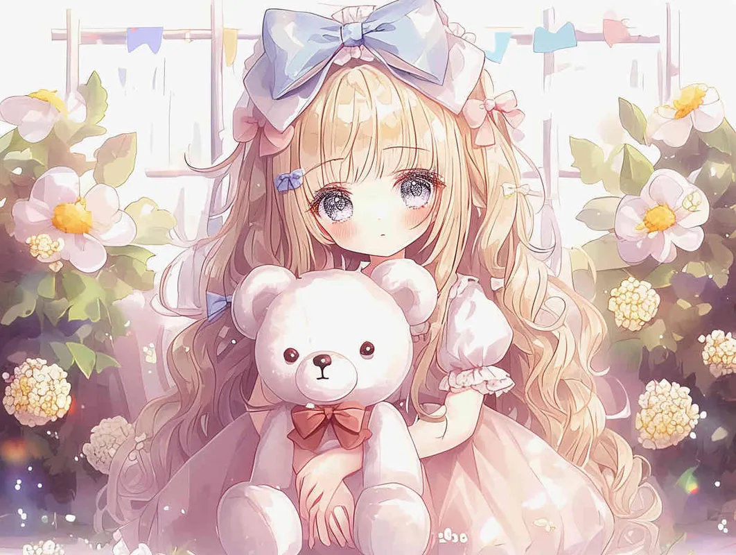 <https://s.mj.run/HuBcsgOdE9o> <https://s.mj.run/CSQwTDW_NPc> <https://s.mj.run/cnGA7I608bk> An adorable anime-style illustration,A girl with golden long curly hair, sapphire blue eyes, and dressed in a puff sleeve dress. Gracefully, she lets her hair cascade over her shoulders, adorned with an exquisite bow on top. She crouches on the ground, facing the camera at an angle, with a fluffy teddy bear in front of her. The fur on the bear is soft and vivid, representing innate cuteness. The bear extends its front paws, longing to embrace the girl, while surrounded by a simple and natural green grass background –iw 1.2 –niji6 –ar 4:3 – style3部分” class=”wp-image”/>
</figure>


<figure class=