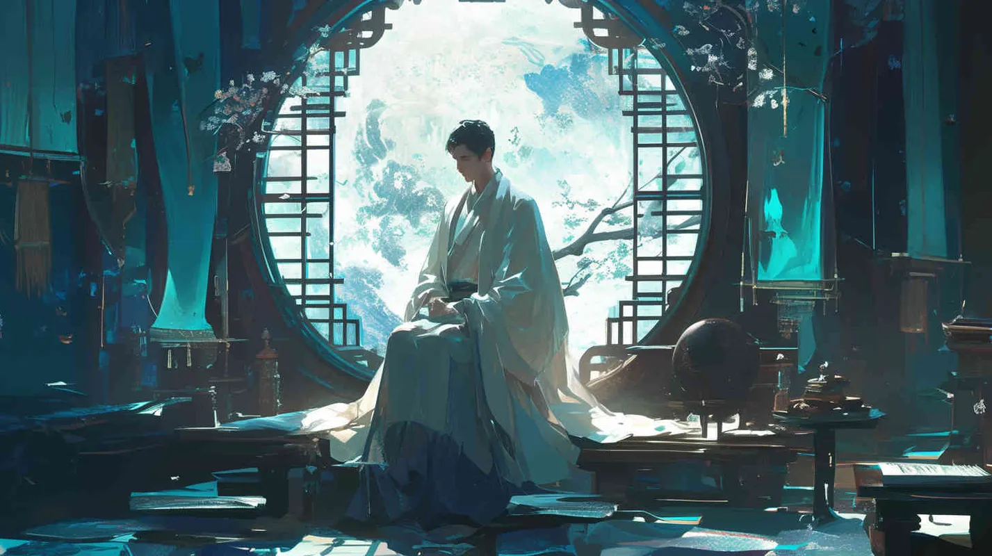 Under the bright moonlight, a handsome young man in a white robe stood by the window, with a full moon hanging in the sky. He looked up at the moon in the sky – AI绘画作品展示 | Midjourney中文版生成