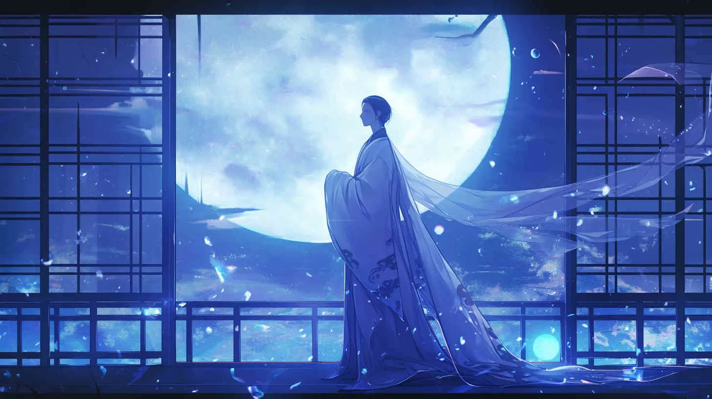 Under the bright moonlight, a handsome young man in a white robe stood by the window, with a full moon hanging in the sky. He looked up at the moon in the sky - style2部分