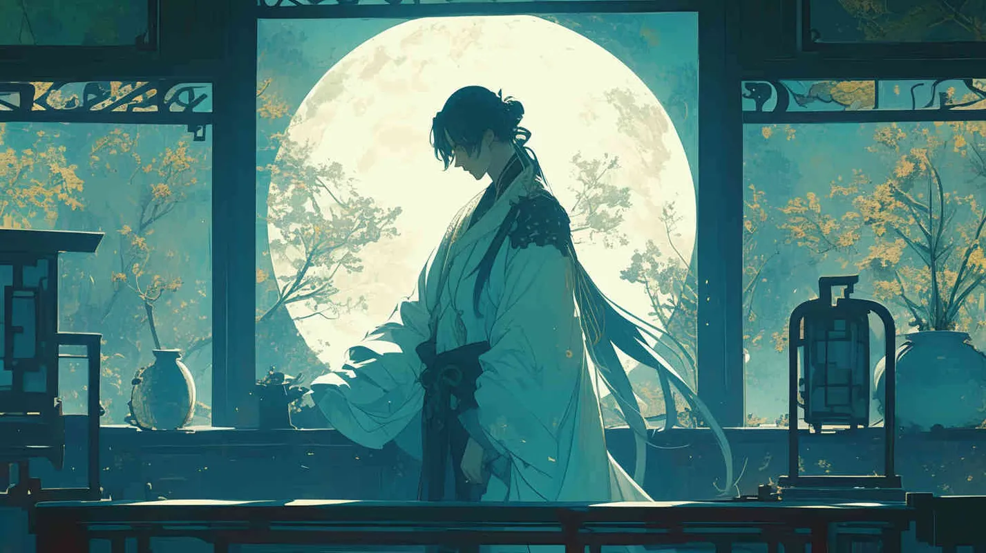 Under the bright moonlight, a handsome young man in a white robe stood by the window, with a full moon hanging in the sky. He looked up at the moon in the sky - style3部分