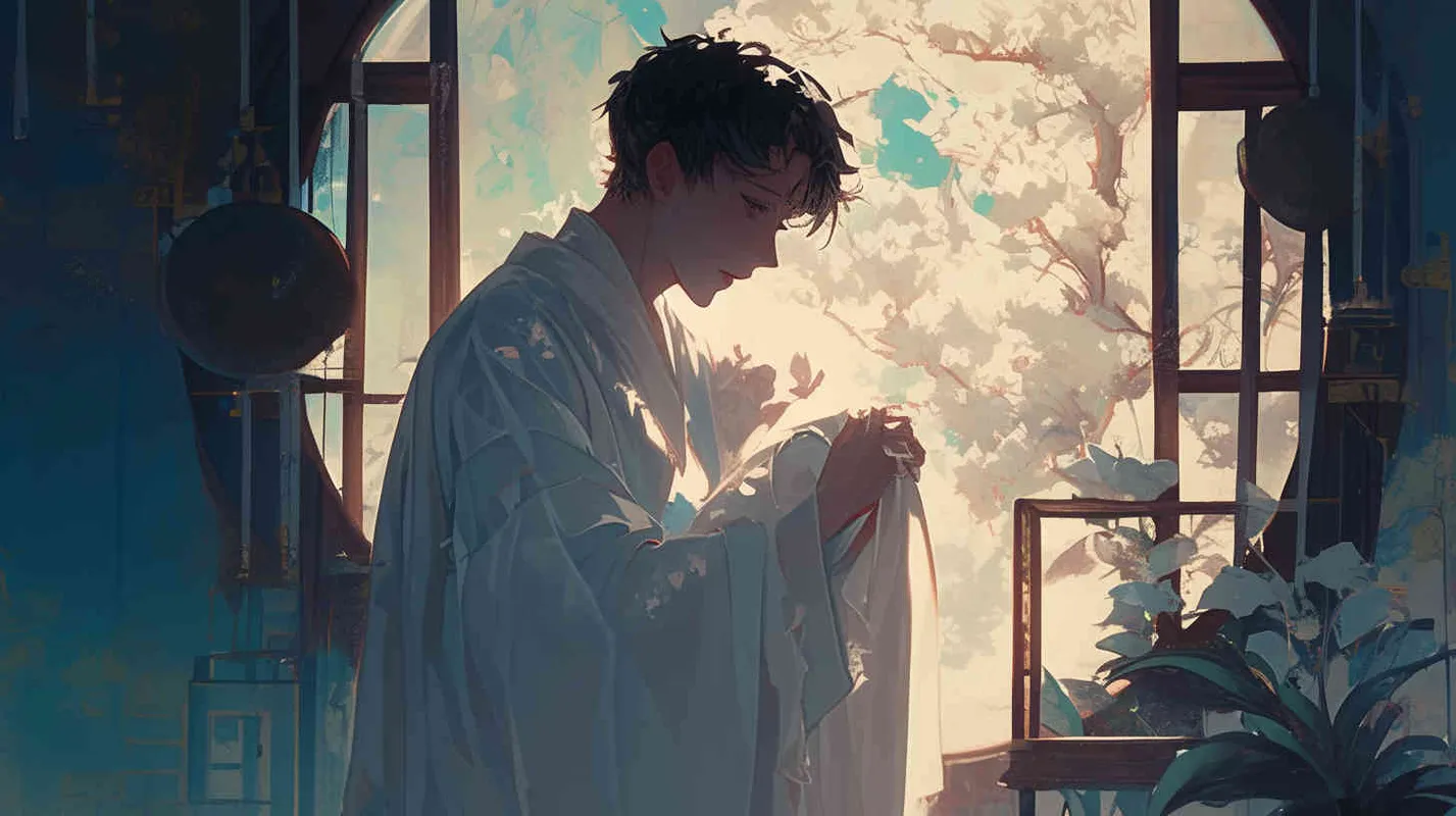 Under the bright moonlight, a handsome young man in a white robe stood by the window, with a full moon hanging in the sky. He looked up at the moon in the sky - style4部分