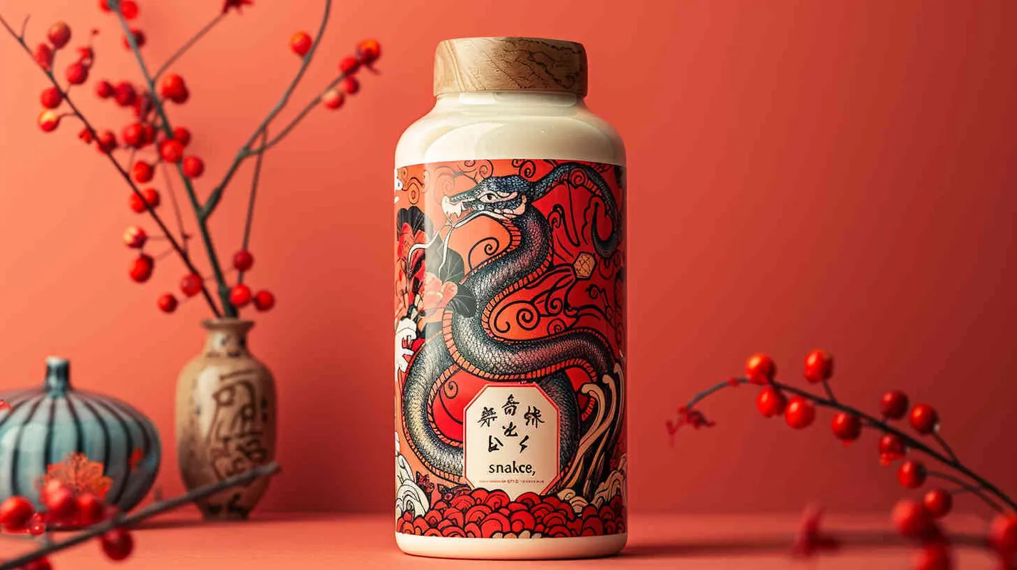 一个玻璃牛奶饼子的包装，包装上有中国生肖“蛇”的造型，包装画面中国古风质感，背景纯色，构图极简，摄影棚灯光，超有奢侈品广告质感 - style1部分
