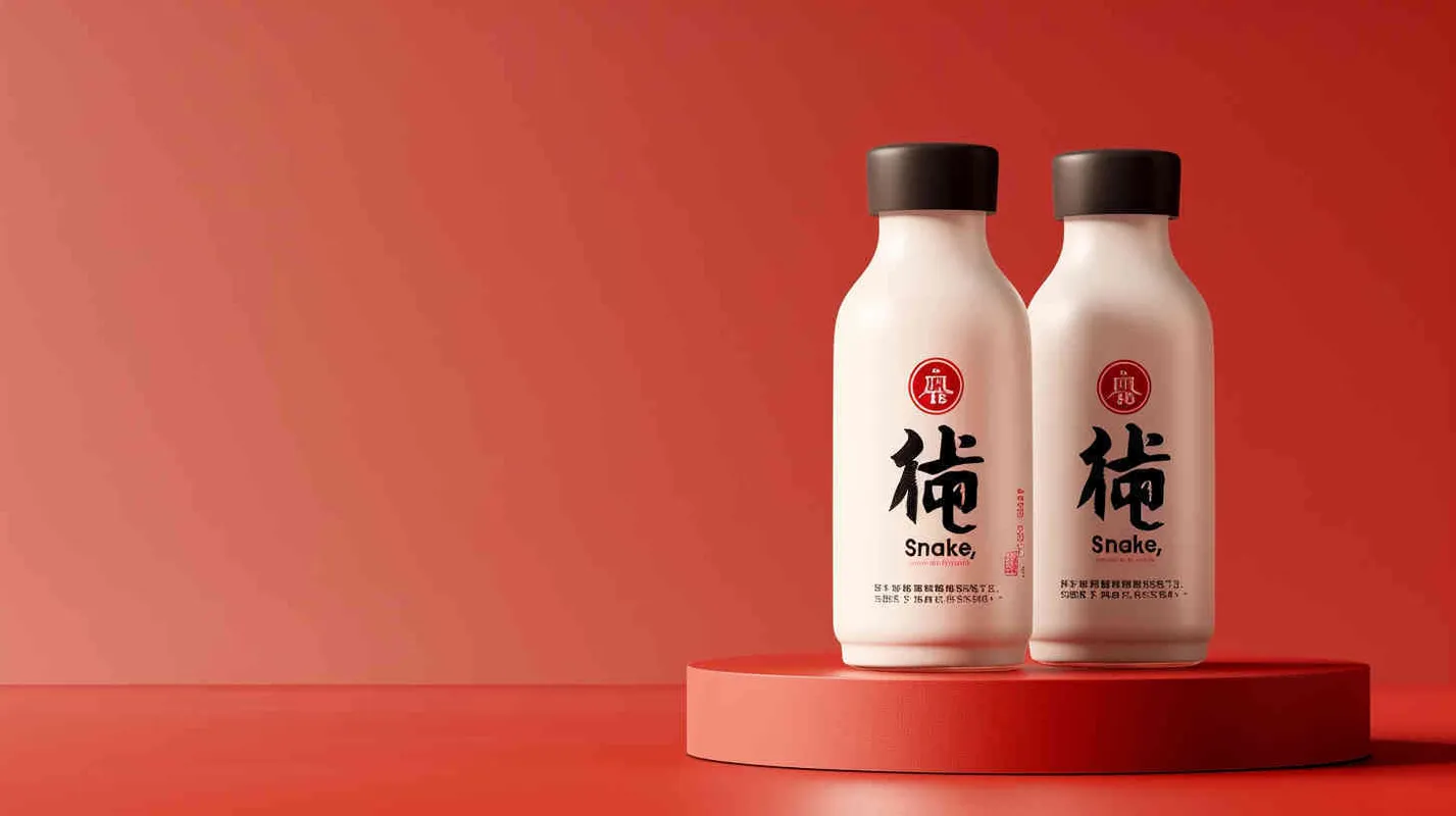 玻璃牛奶瓶子包装，包装上中国生肖“蛇”的造型极简，有艺术感，背景纯色，构图极简，摄影棚灯光，超有奢侈品广告质感 - style1部分