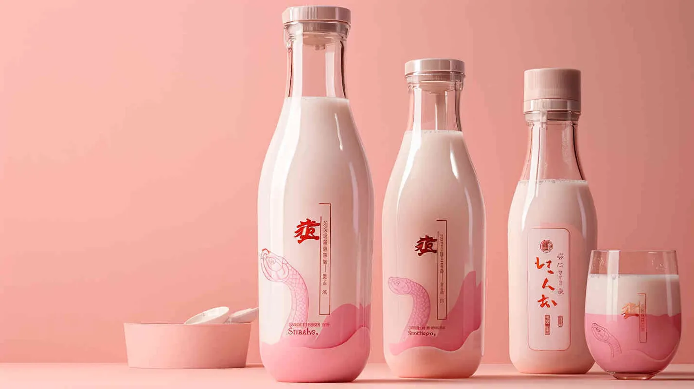玻璃牛奶瓶子包装，包装上中国生肖“蛇”的造型极简，有艺术感，背景纯色，构图极简，摄影棚灯光，超有奢侈品广告质感 - style2部分