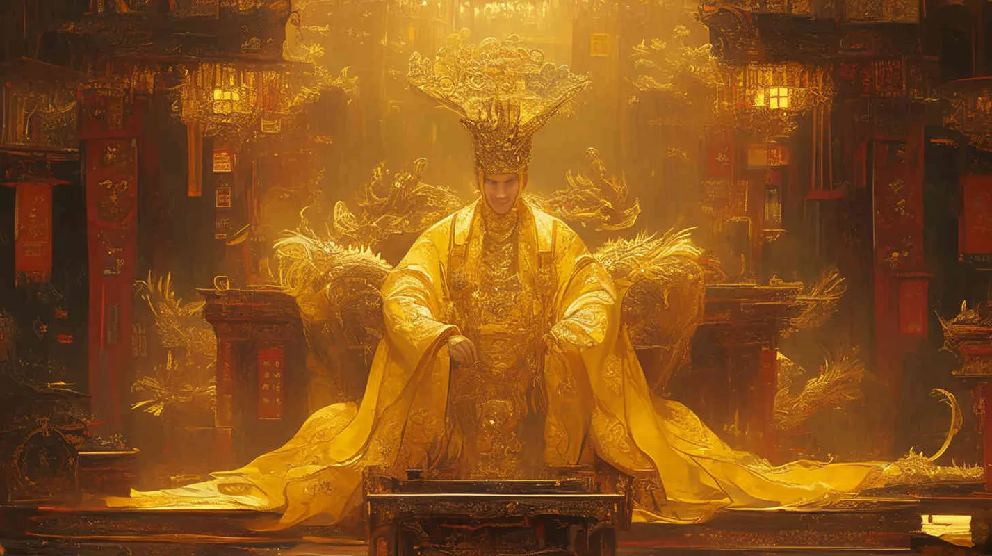 An ancient man wearing a yellow dragon robe, a crown, and a handsome face sat in a magnificent palace. In the center of the hall stood a civil and military official wearing a black robe, holding a scroll in hand - style1部分