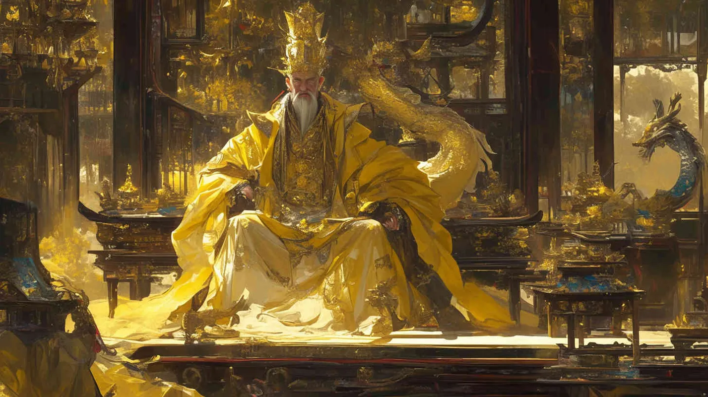 An ancient man wearing a yellow dragon robe, a crown, and a handsome face sat in a magnificent palace. In the center of the hall stood a civil and military official wearing a black robe, holding a scroll in hand - style2部分