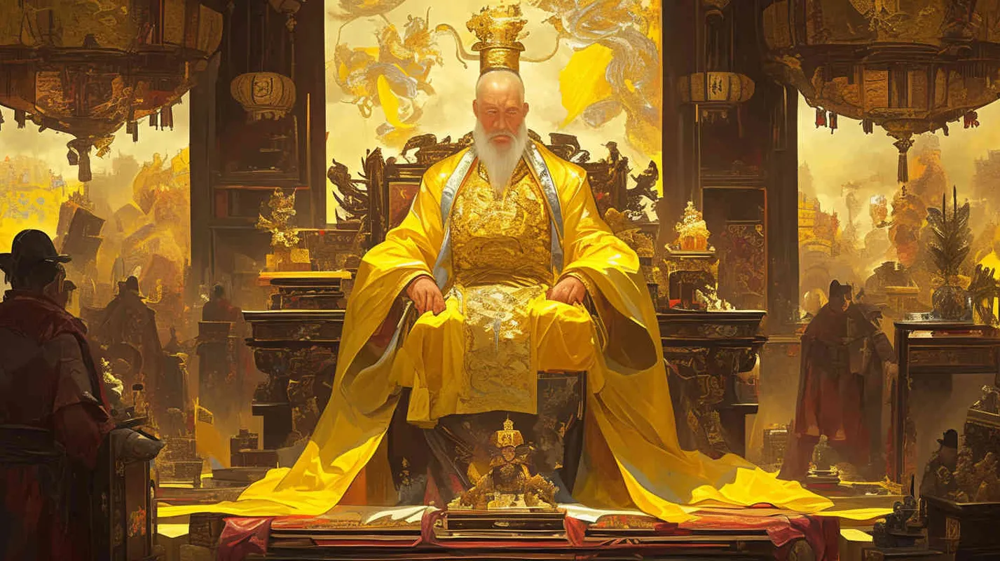 An ancient man wearing a yellow dragon robe, a crown, and a handsome face sat in a magnificent palace. In the center of the hall stood a civil and military official wearing a black robe, holding a scroll in hand - style3部分