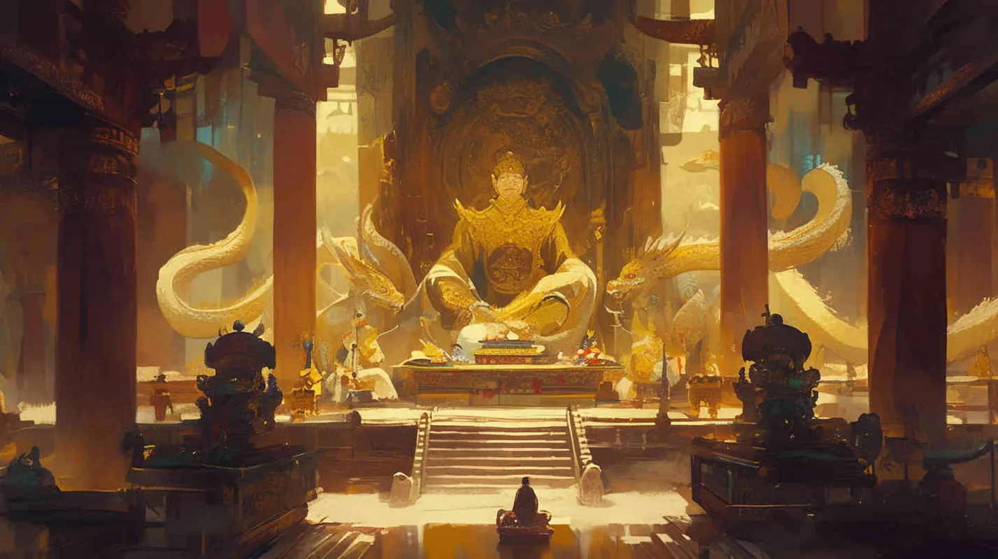 An ancient man wearing a yellow dragon robe, a crown, and a handsome face sat in a magnificent palace. In the center of the hall stood a civil and military official wearing a black robe, holding a scroll in hand - style4部分