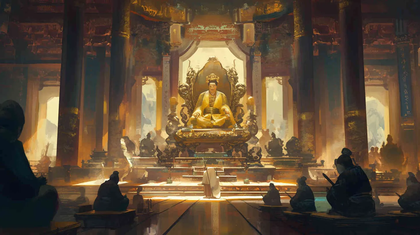 一位身穿黄色龙袍，头戴皇冠，面容俊朗的古代男人，坐在金碧辉煌的宫殿里，大殿中央站着身穿黑色长袍的文武百官，手拿卷轴 - style2部分