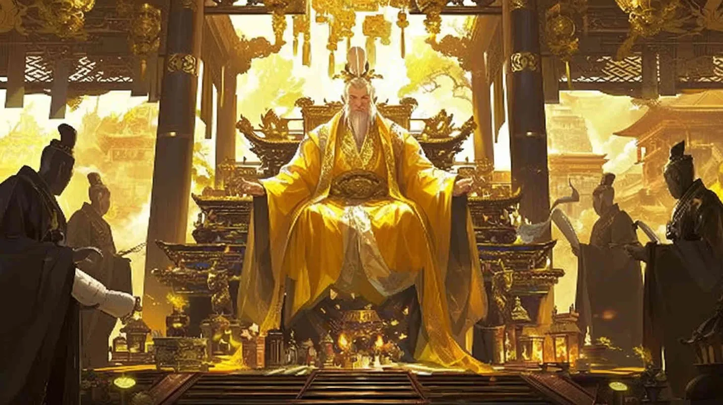 一位身穿黄色龙袍，头戴皇冠，面容俊朗的古代男人，坐在金碧辉煌的宫殿里，大殿中央站着身穿黑色长袍的文武百官，手拿卷轴 - style3部分