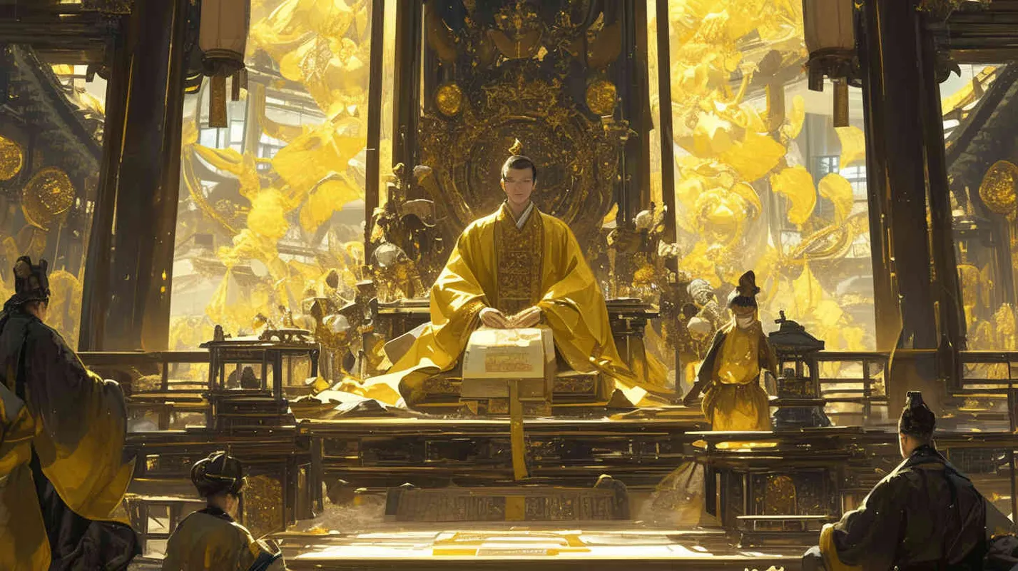 一位身穿黄色龙袍，头戴皇冠，面容俊朗的古代男人，坐在金碧辉煌的宫殿里，大殿中央站着身穿黑色长袍的文武百官，手拿卷轴 - style4部分