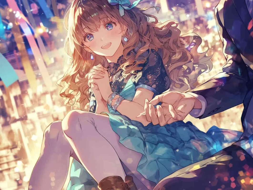 girl, boy, sweater, lace-trimmed dress, white pantyhose, martin boots, ribbon, own hands clasped, yokozuwari, blurred background, Third-Person, Illustration, extremely detailed wallpaper, Japonism, manuscript, Japanese manga style, cartoon, anime style, comic, the best quality, brown hair, drill hair, joyful, Elegant, watery eyes - style1部分