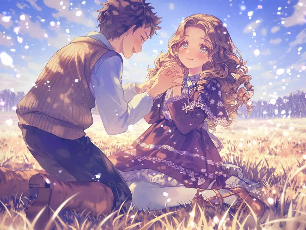 girl, boy, sweater, lace-trimmed dress, white pantyhose, martin boots, ribbon, own hands clasped, yokozuwari, blurred background, Third-Person, Illustration, extremely detailed wallpaper, Japonism, manuscript, Japanese manga style, cartoon, anime style, comic, the best quality, brown hair, drill hair, joyful, Elegant, watery eyes - style2部分