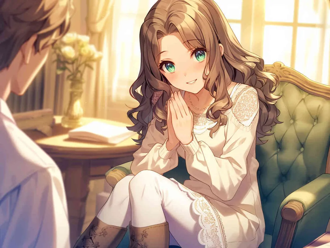girl, boy, sweater, lace-trimmed dress, white pantyhose, martin boots, ribbon, own hands clasped, yokozuwari, blurred background, Third-Person, Illustration, extremely detailed wallpaper, Japonism, manuscript, Japanese manga style, cartoon, anime style, comic, the best quality, brown hair, drill hair, joyful, Elegant, watery eyes - style3部分