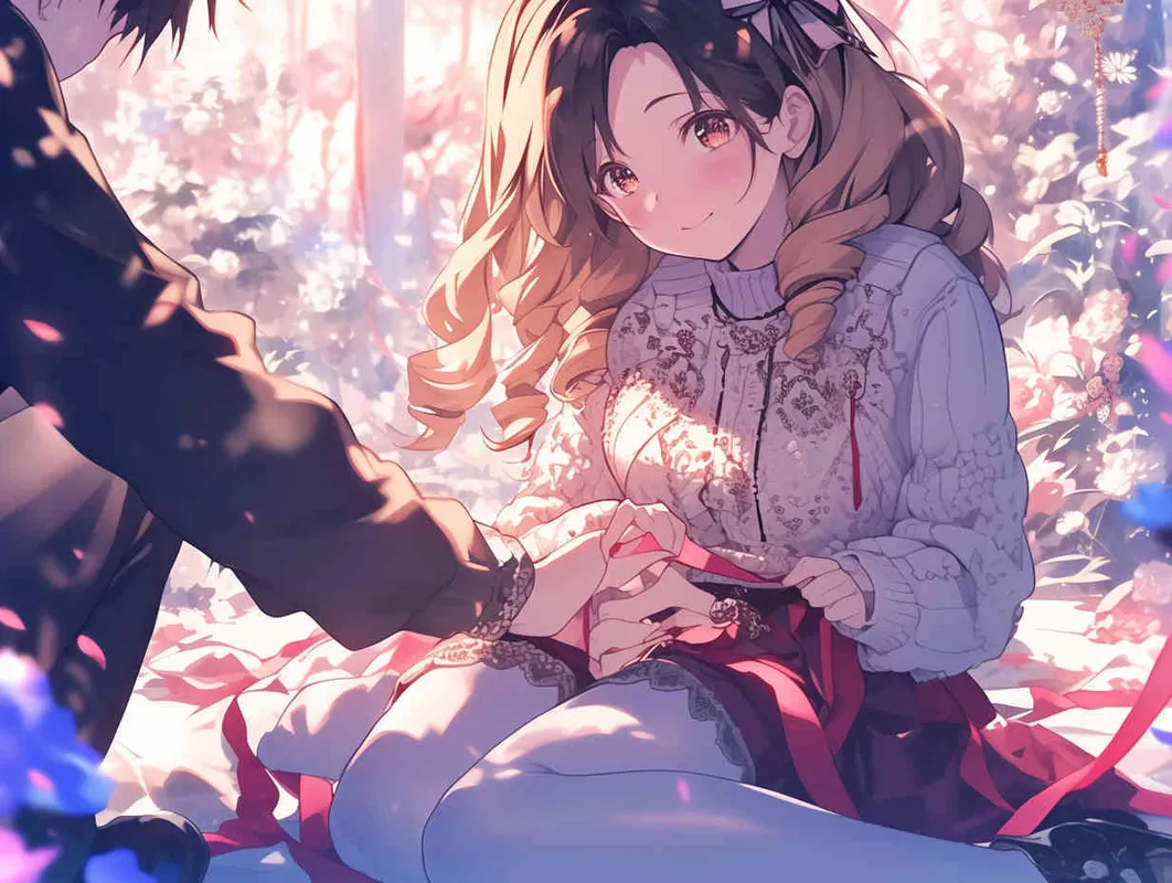 girl, boy, sweater, lace-trimmed dress, white pantyhose, martin boots, ribbon, own hands clasped, yokozuwari, blurred background, Third-Person, Illustration, extremely detailed wallpaper, Japonism, manuscript, Japanese manga style, cartoon, anime style, comic, the best quality, brown hair, drill hair, joyful, Elegant, watery eyes - style4部分